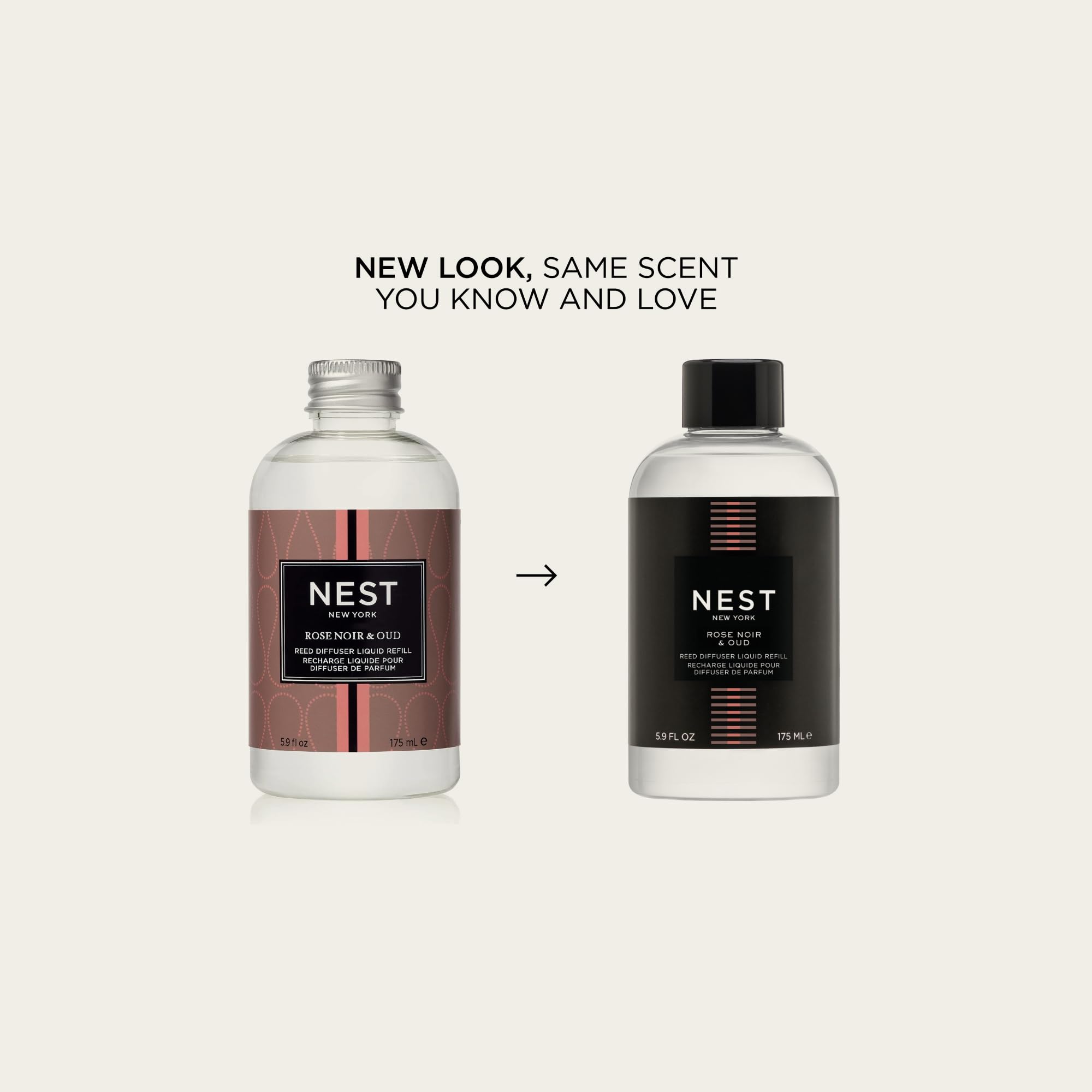 NEST New York refill bottle with Rose Noir & Oud label ready for swapping