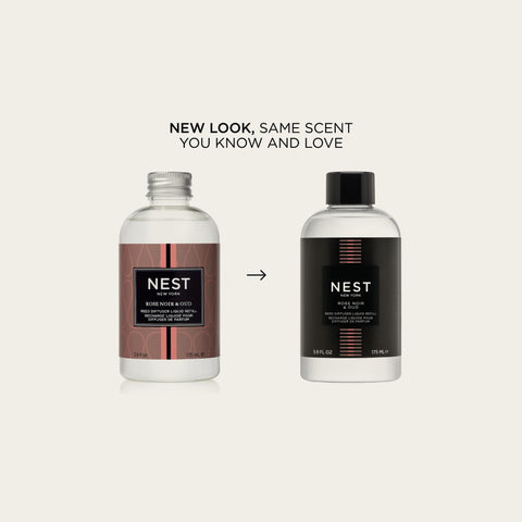 NEST New York refill bottle with Rose Noir & Oud label ready for swapping