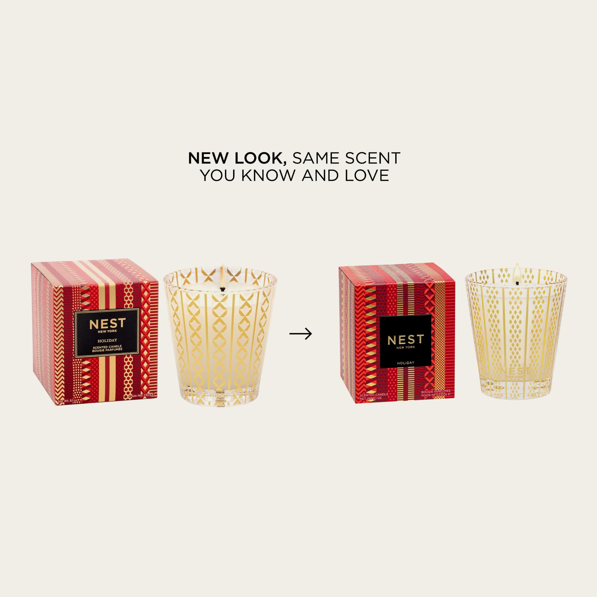 Nest New York candle with gold-embossed pattern adds luxe holiday decor.