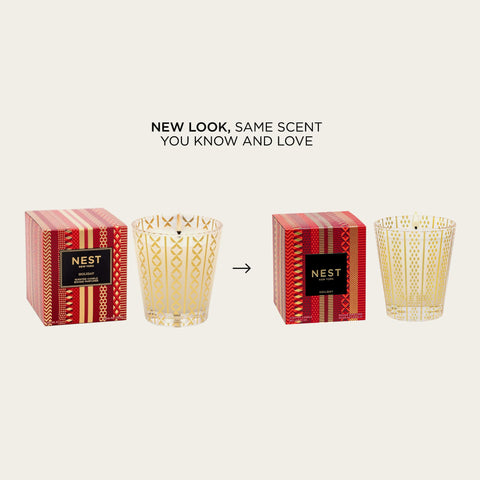 Nest New York candle with gold-embossed pattern adds luxe holiday decor.