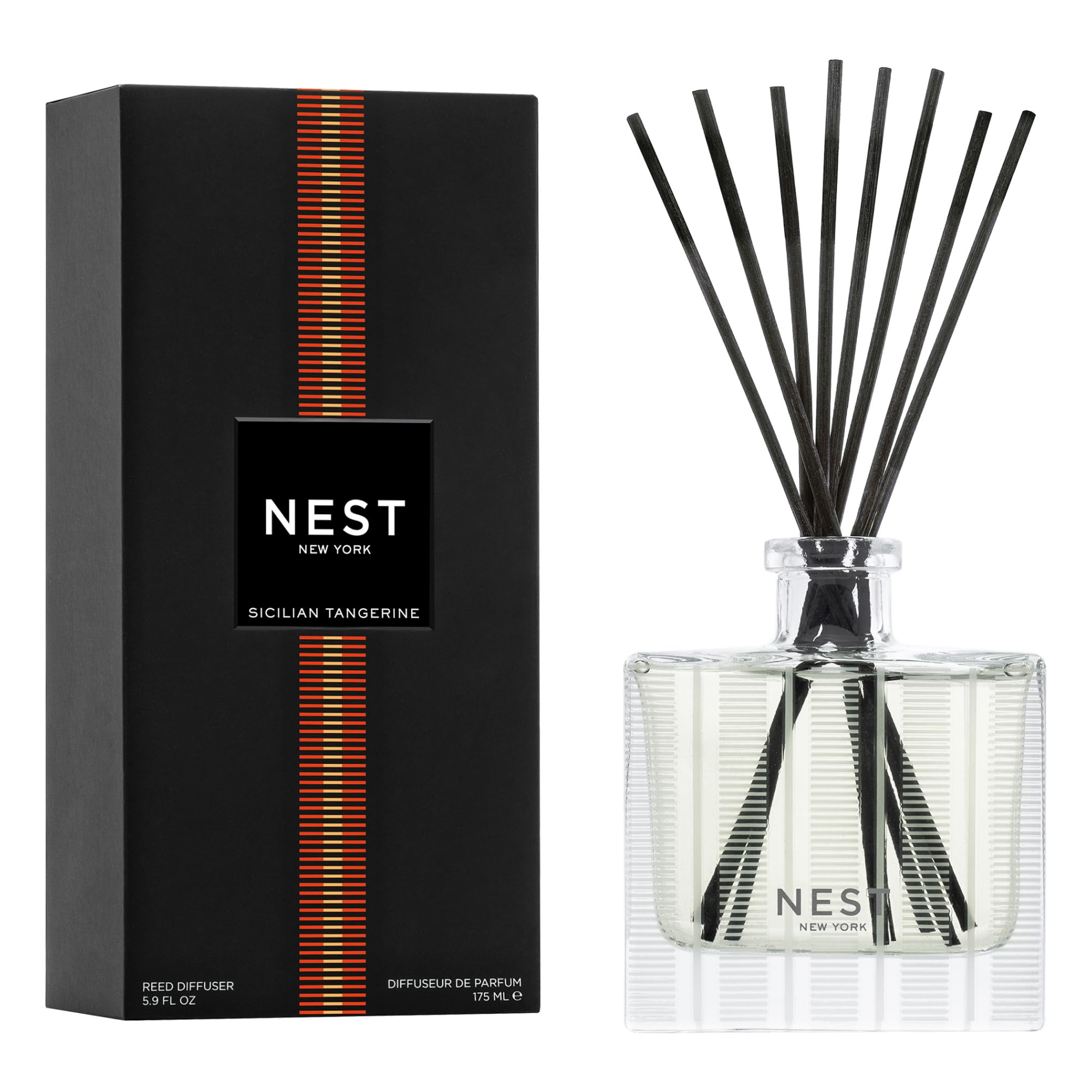 Nest New York Sicilian Tangerine diffuser in a glass vessel delivering long-lasting fragrance.