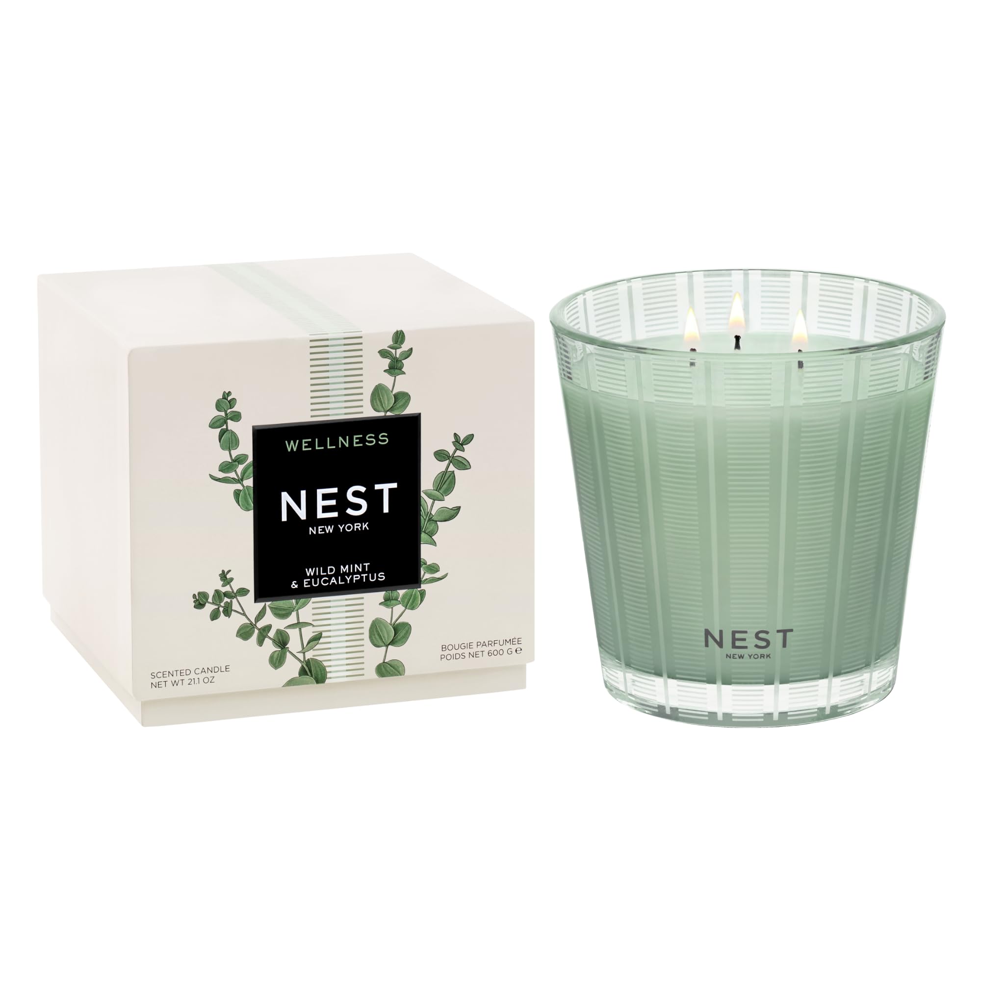 NEST New York Wild Mint & Eucalyptus 3-Wick Candle in reusable glass vessel enhancing ambiance