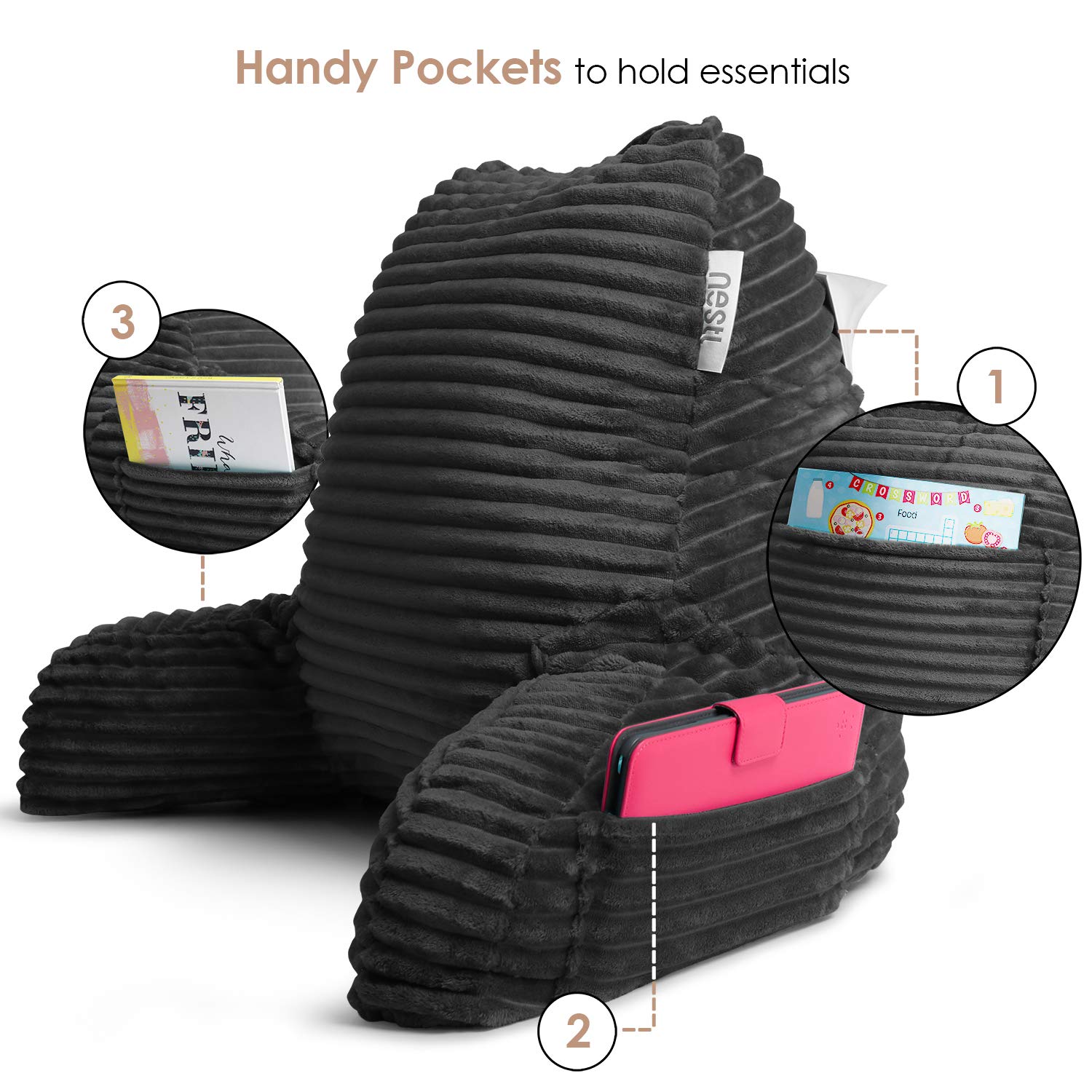 Nestl Reading Pillow side pocket holds phone or remote during use