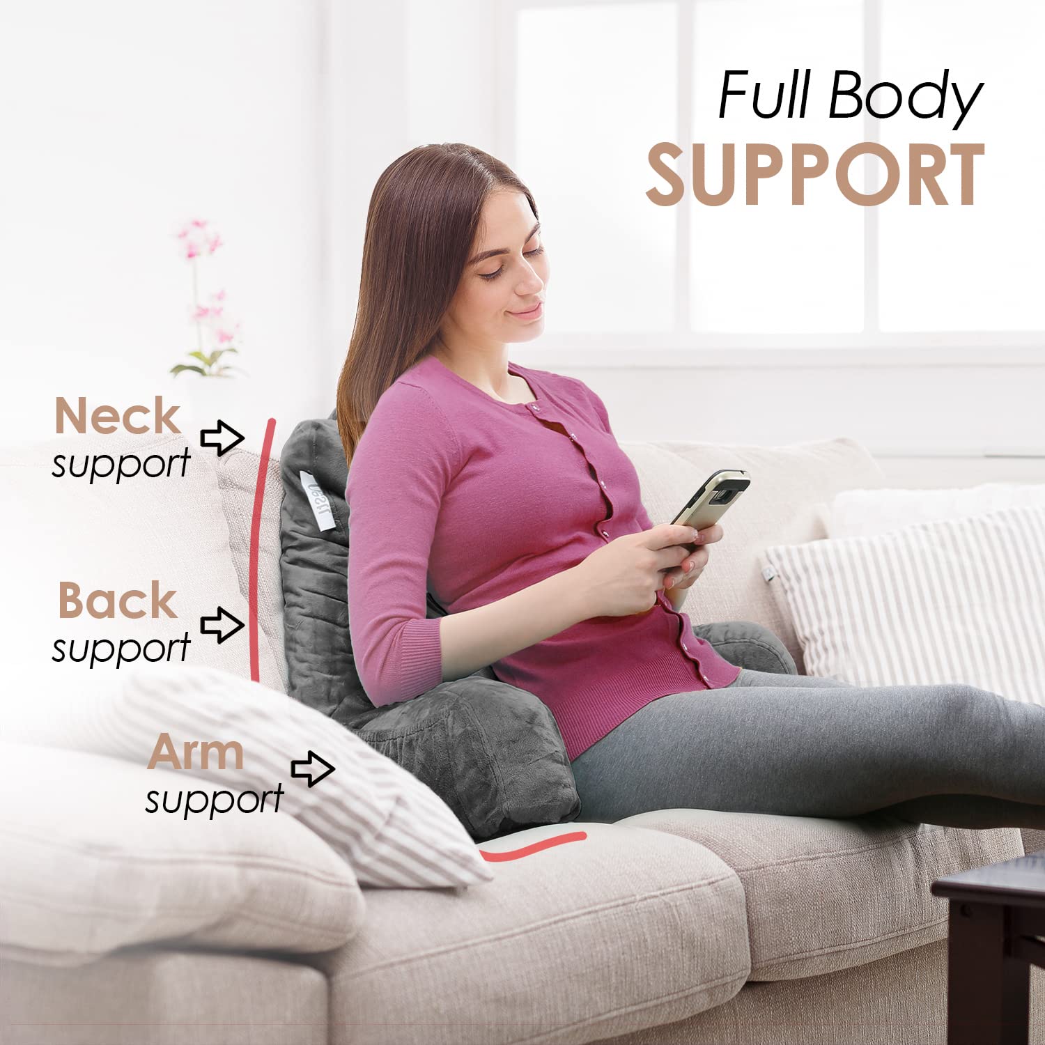 Nestl reading pillow used on couch for relaxed lounging and reading
