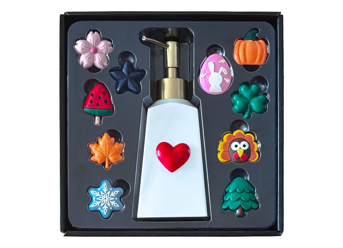 Nestriculus seasonal soap dispenser with magnet charms for easy holiday decorating.