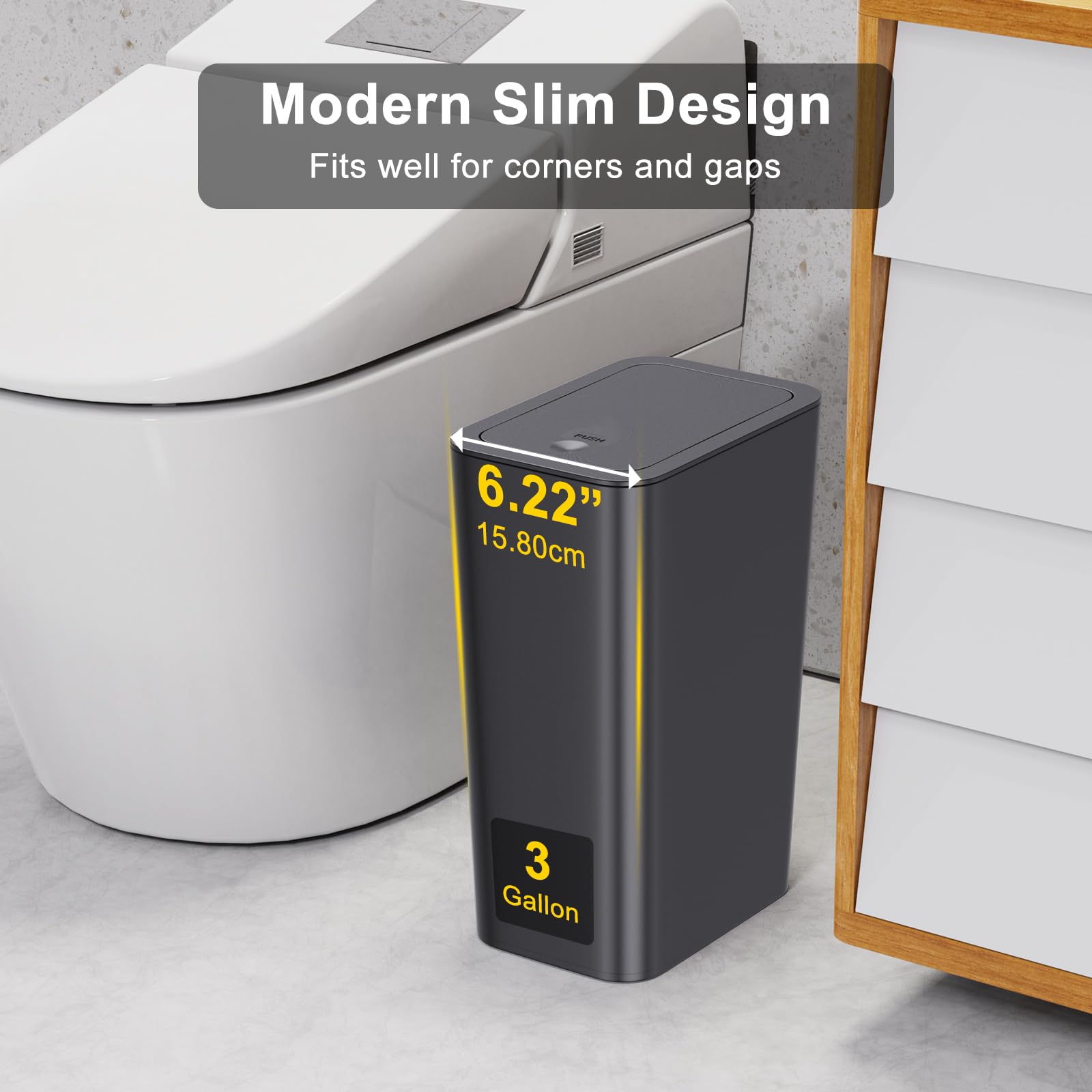 N. NETDOT slim trash can with lid in black keeps pests away.