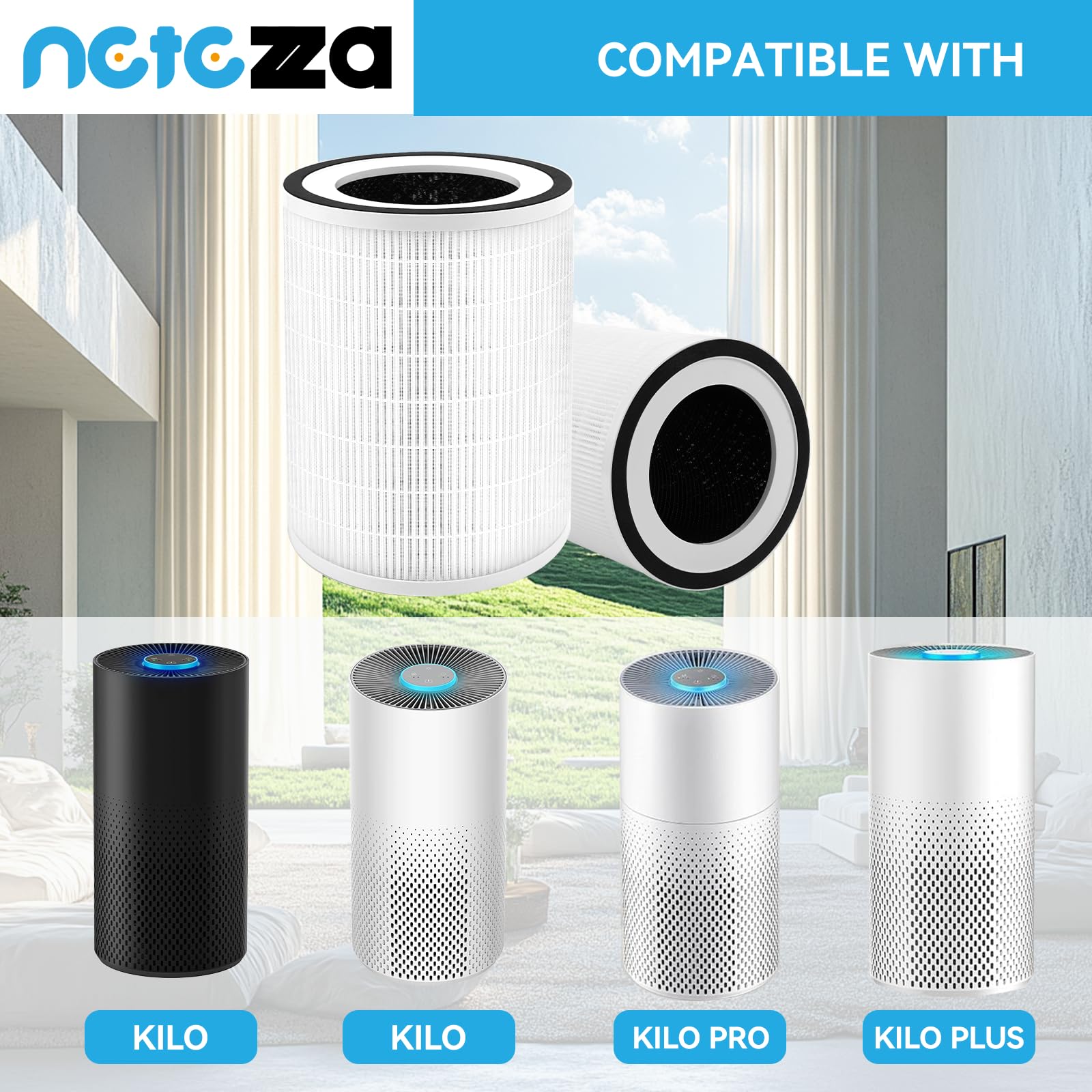 Netezza KILO two-pack filter side view showing compact cylindrical design for tight spaces