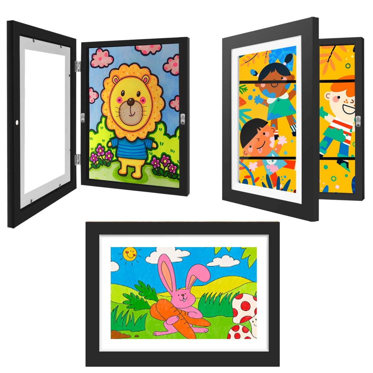 NEUERMOND 3-pack frames on display showcase kids' artwork with a sleek black wood silhouette.
