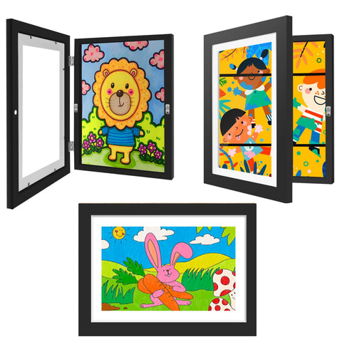 NEUERMOND 3-pack frames on display showcase kids' artwork with a sleek black wood silhouette.