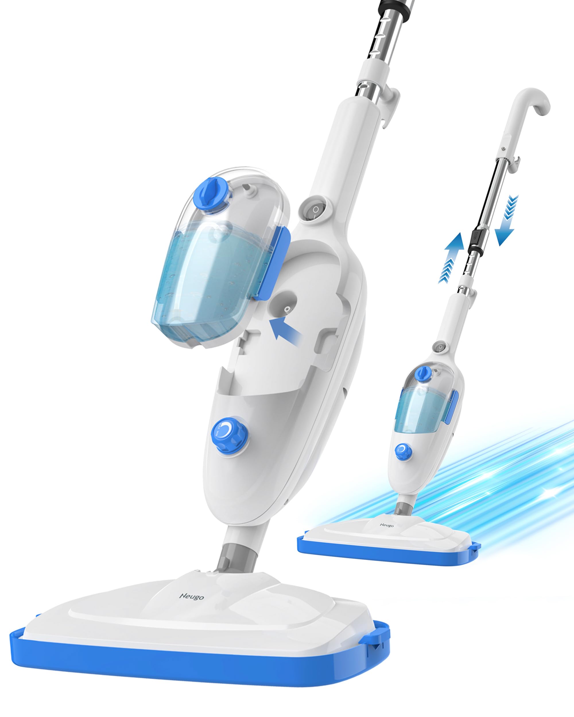 Neugo steam mop ready for 230°F deep-clean on hard floors.