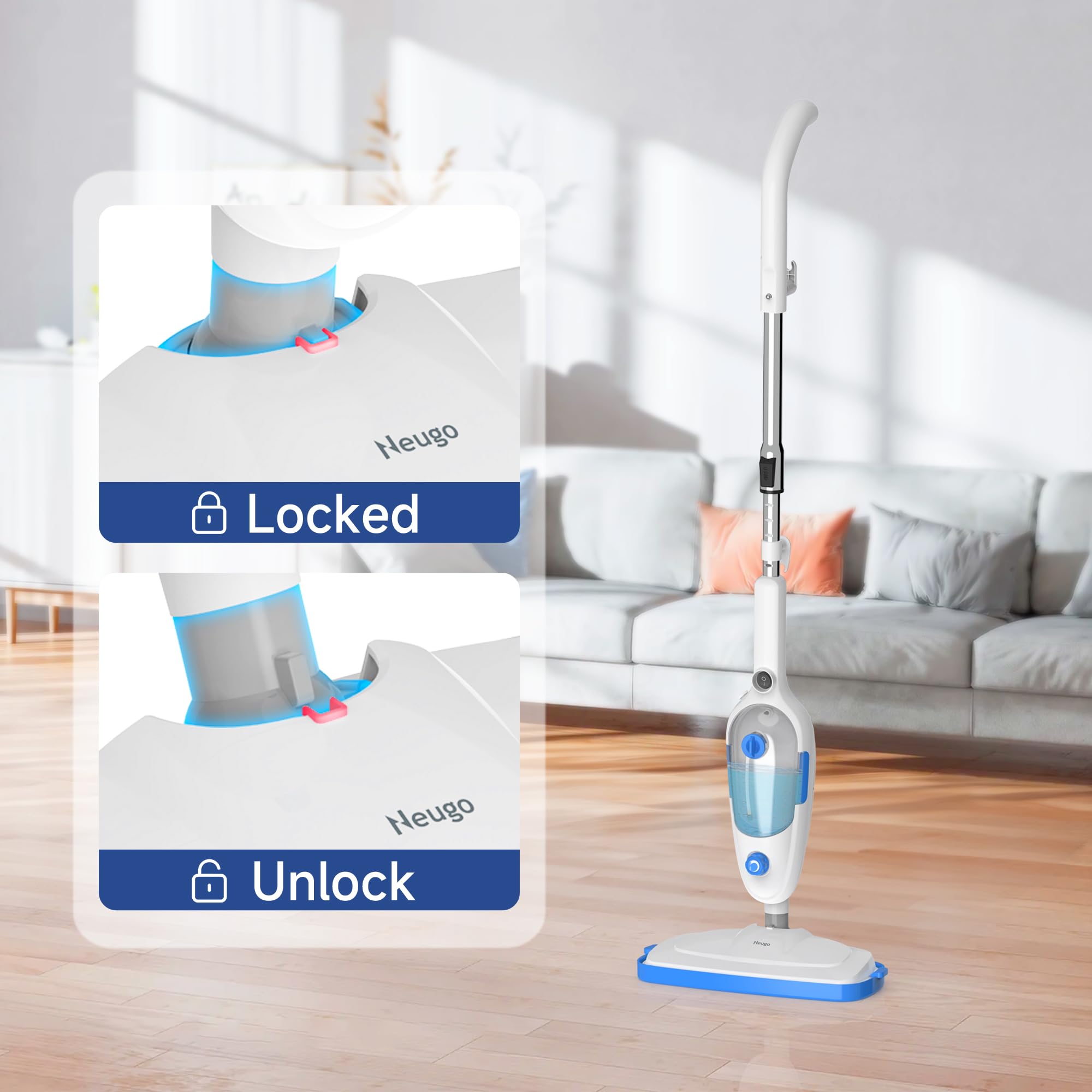 Neugo steam mop with 23 ft cord for wide-area reach.