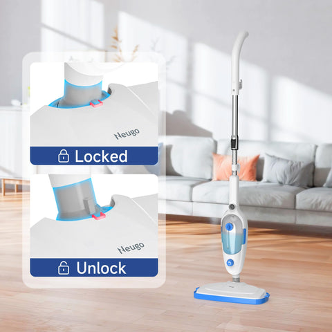 Neugo steam mop with 23 ft cord for wide-area reach.