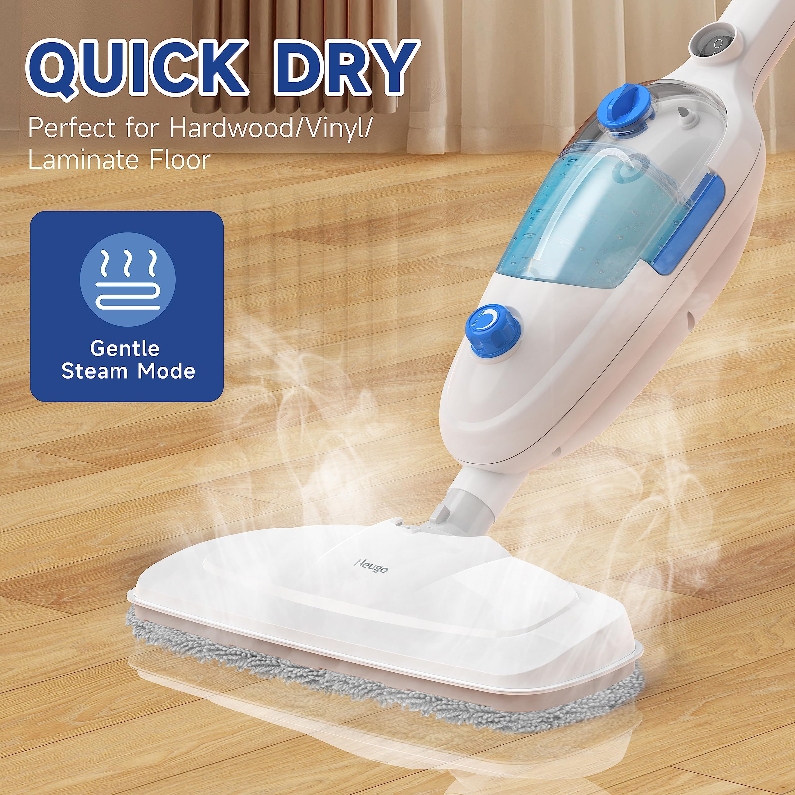 Neugo steam mop displaying adjustable steam modes for different floor types.