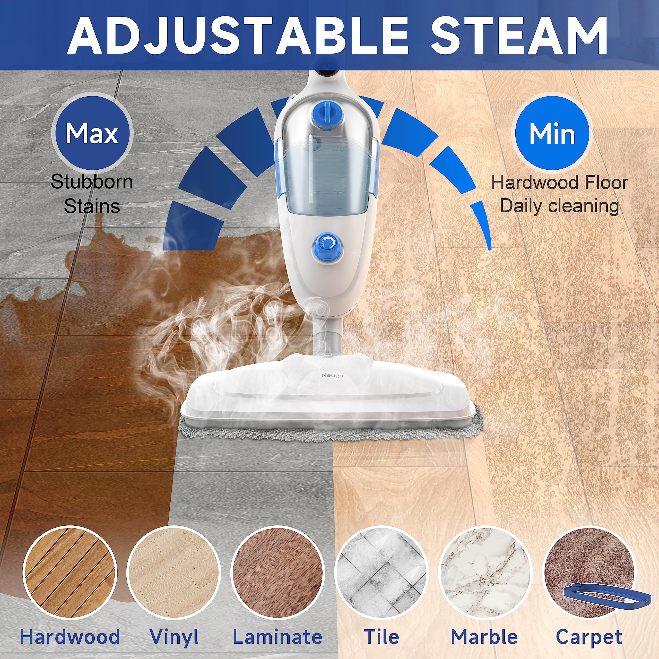 Neugo steam mop in min mode on hardwood for gentle cleaning.