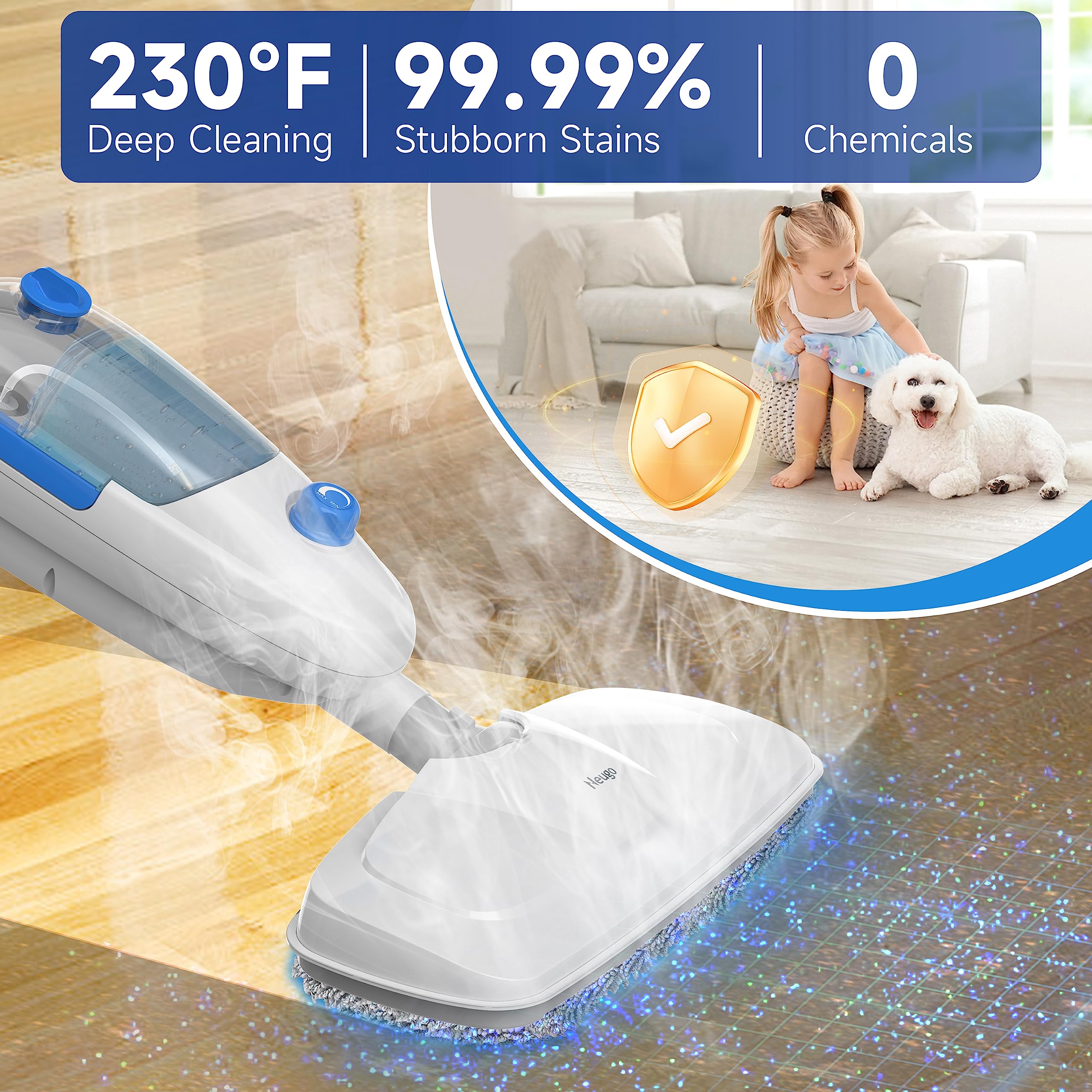 Neugo steam mop preheating for a quick cleaning session.