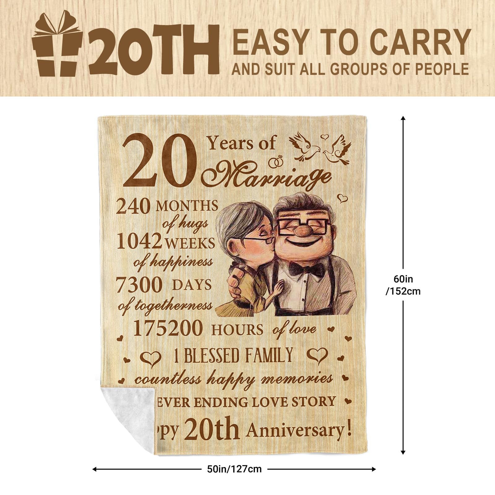 Neuturs 20th anniversary blanket measures 60x50 inches for versatile use.