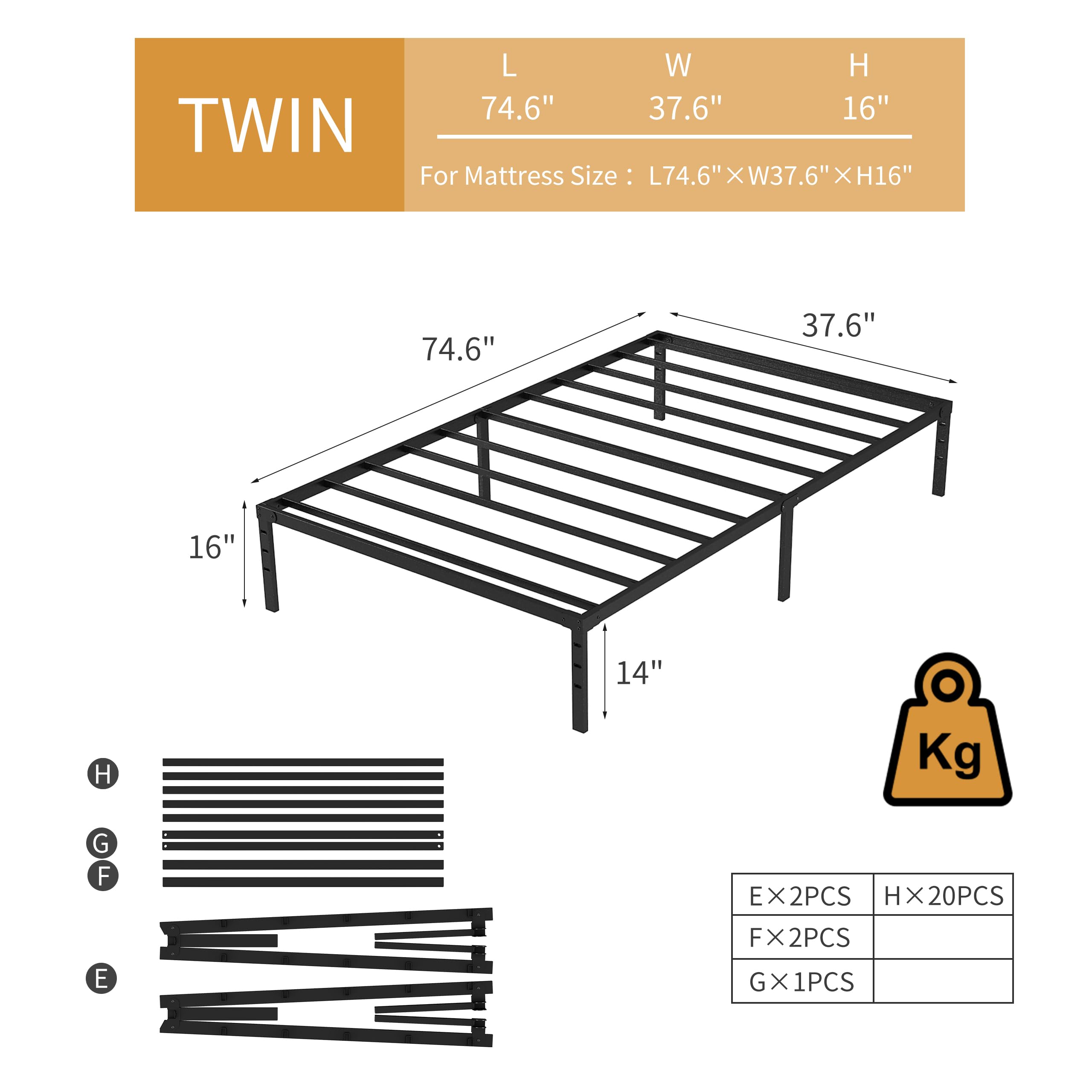 NEW JETO twin bed frame side view highlights sturdy steel construction