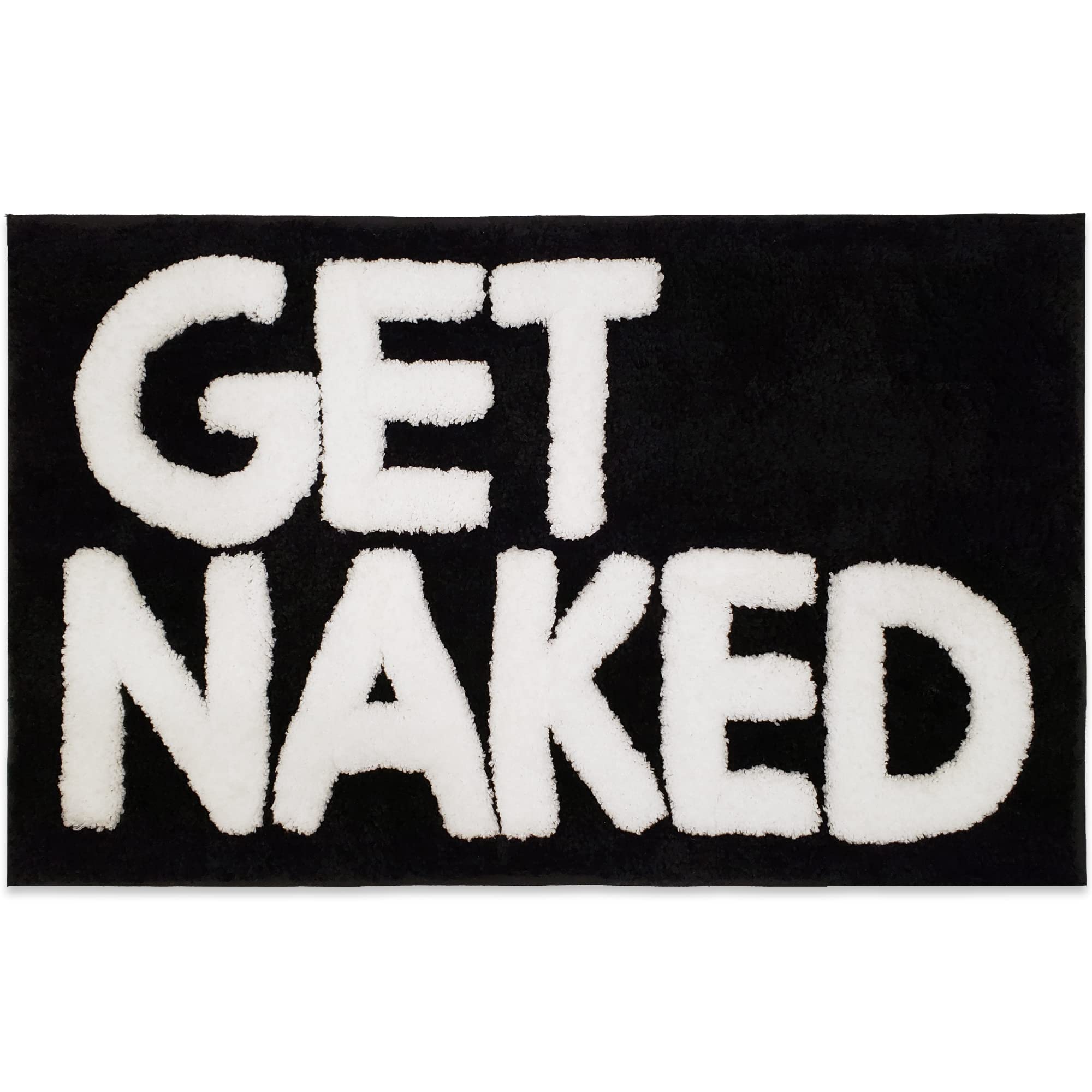 New Mungo Get Naked bath mat front view with bold lettering for modern bathrooms.