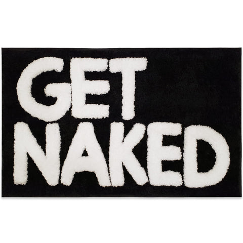 New Mungo Get Naked bath mat front view with bold lettering for modern bathrooms.