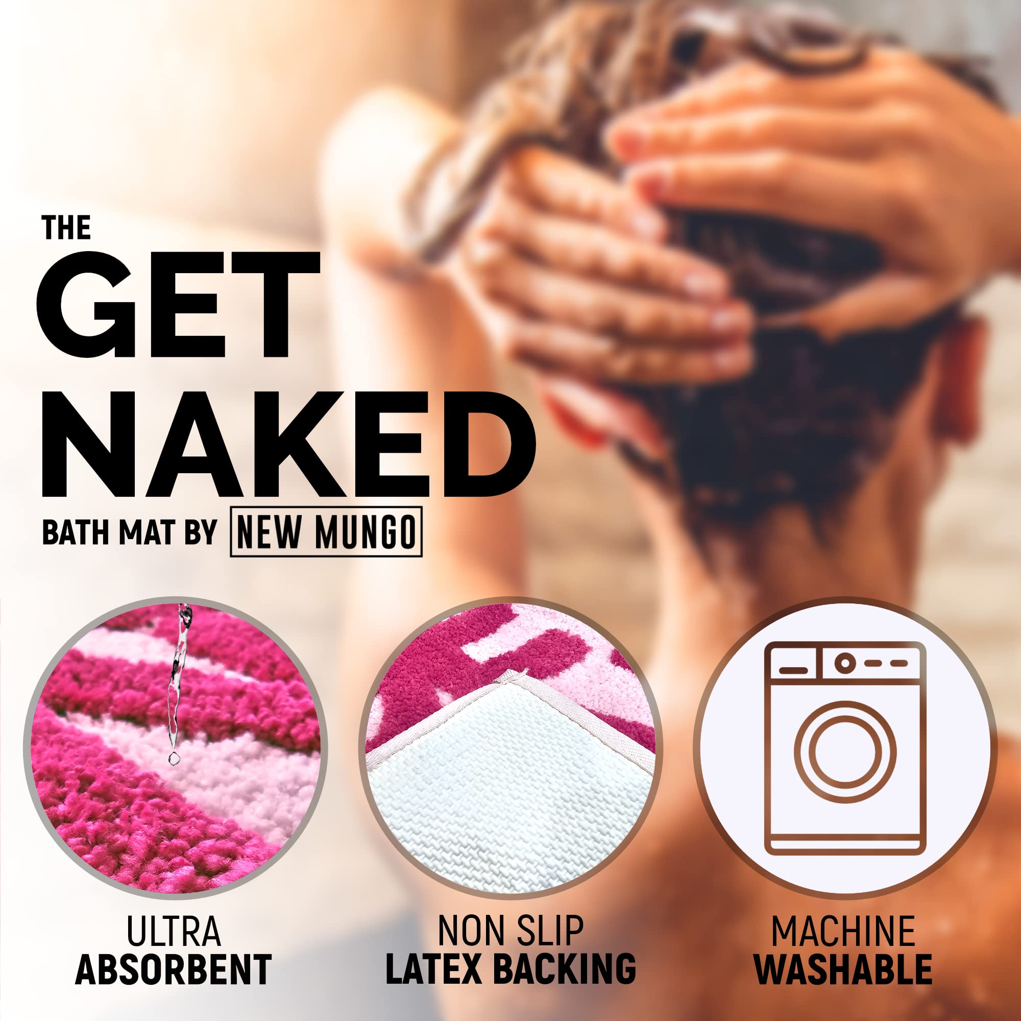 New Mungo Get Naked pink bath mat tufted microfiber absorbs moisture.