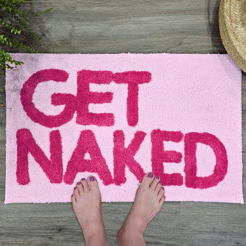 New Mungo Get Naked pink bath mat styled for modern, rustic, or boho bathrooms.