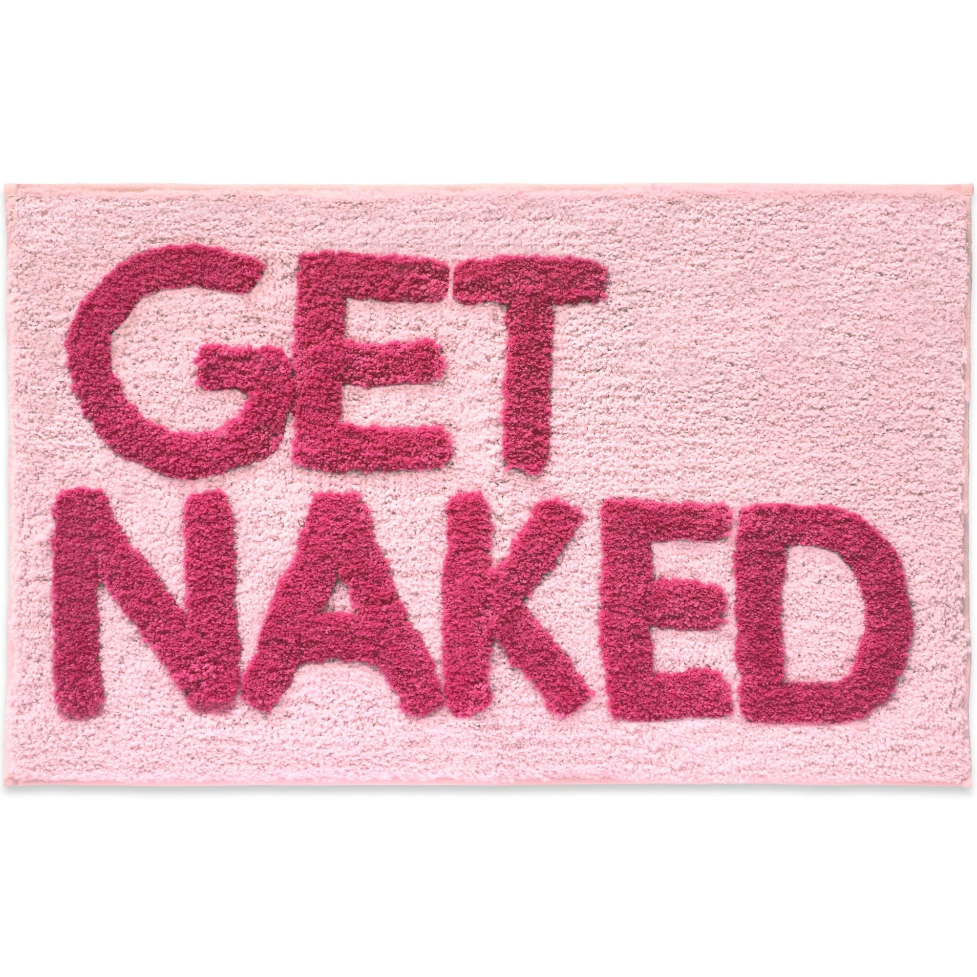 New Mungo Get Naked pink bath mat texture close-up, plush letters for a soft step.