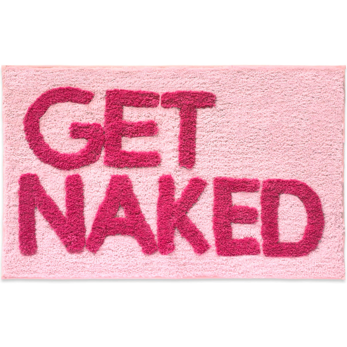 New Mungo Get Naked pink bath mat texture close-up, plush letters for a soft step.