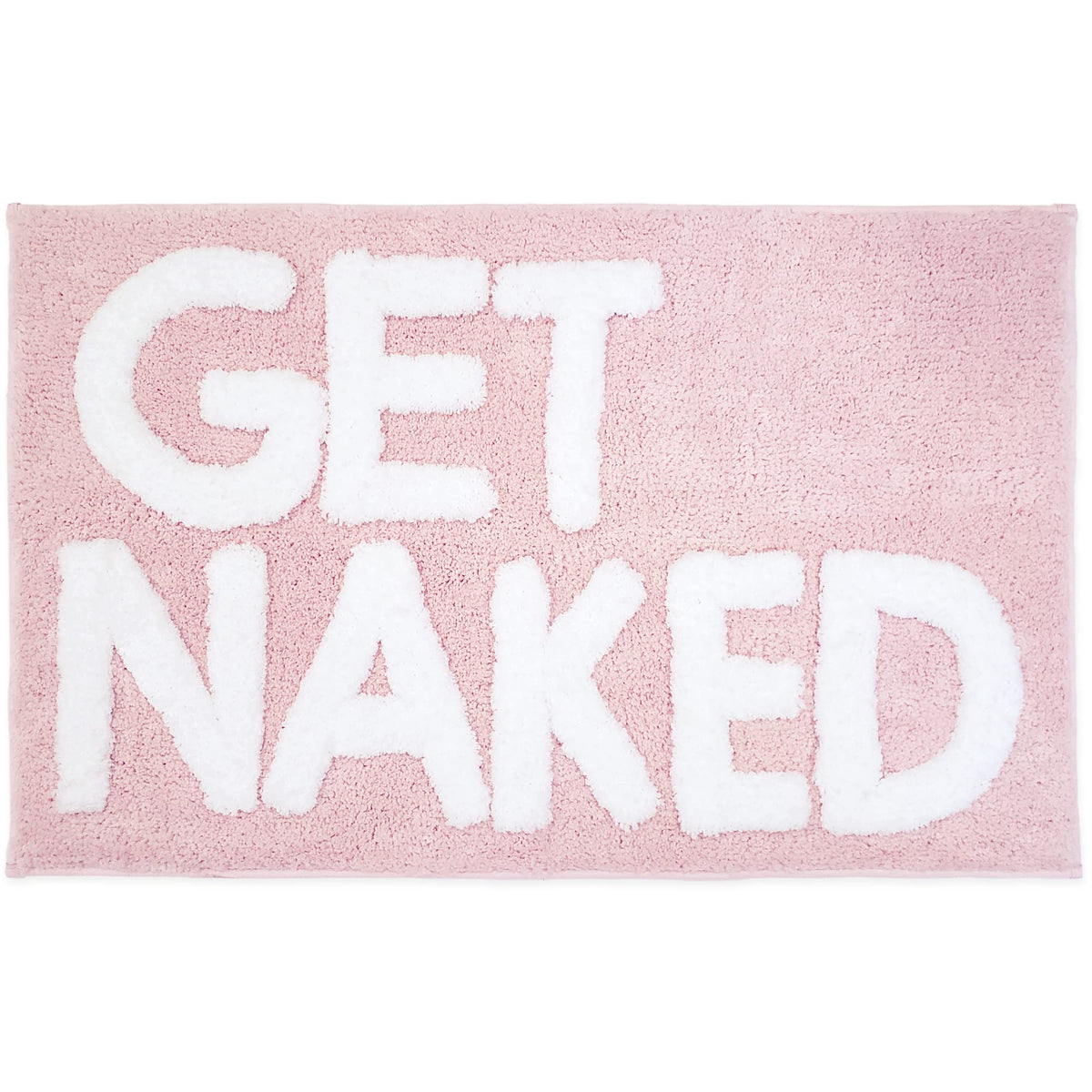 New Mungo Get Naked bath mat pink tufted letters close-up; soft and slip-resistant.