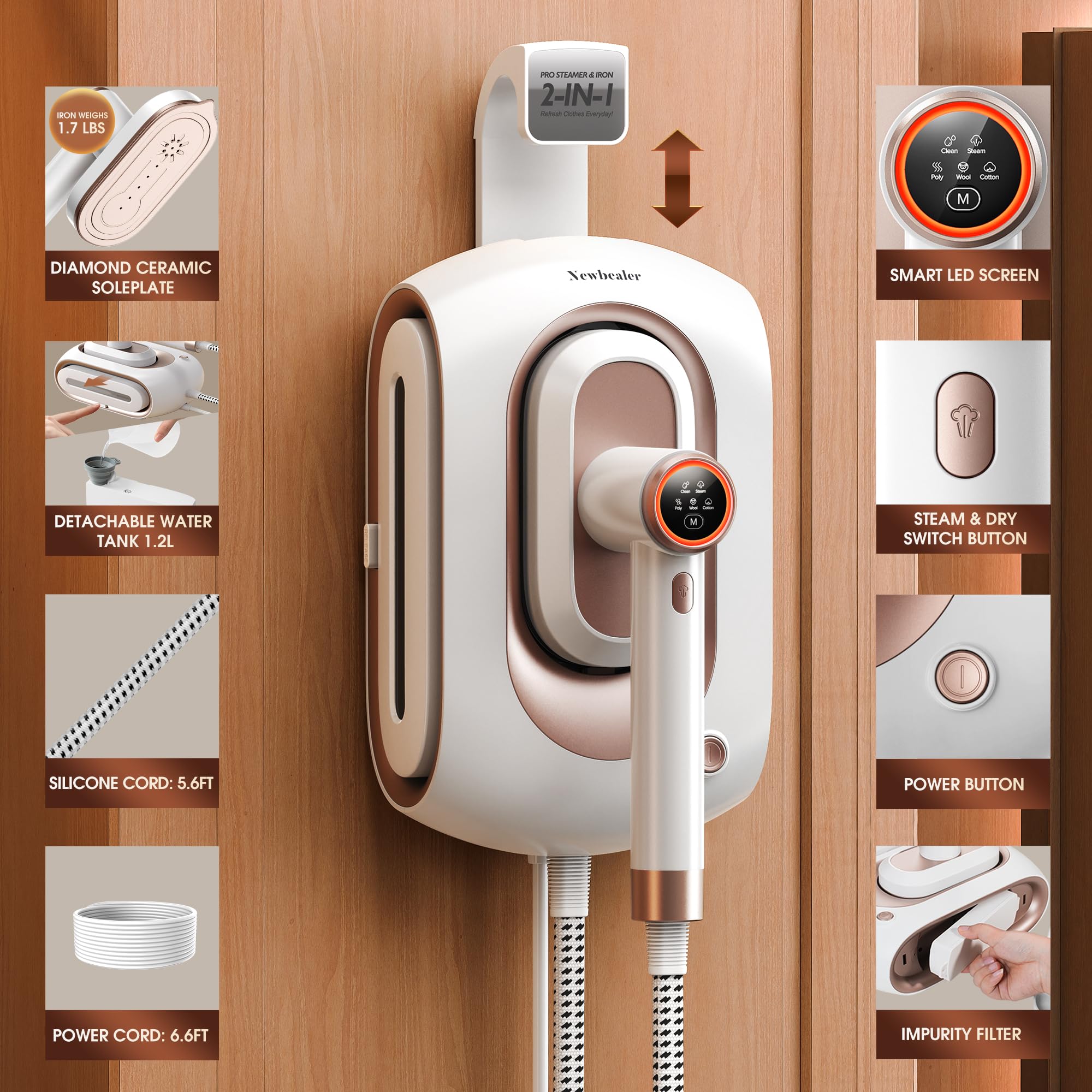 Newbealer 3-level steam provides versatile fabric care.