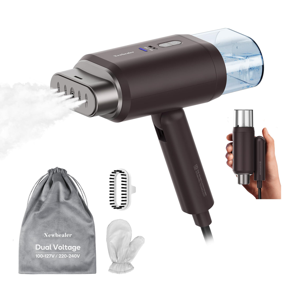 Newbealer travel steamer angled shot highlighting compact professional design for quick wrinkle removal