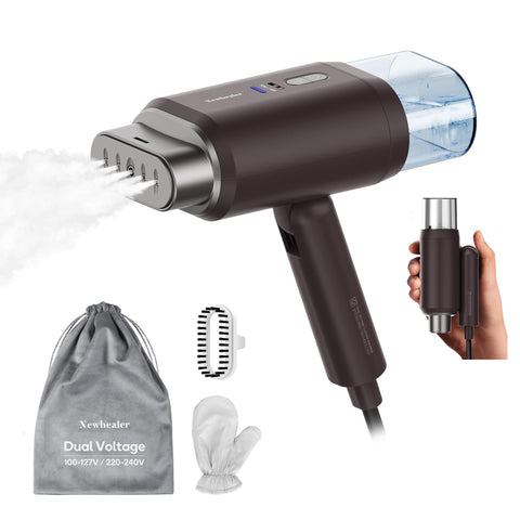 Newbealer travel steamer angled shot highlighting compact professional design for quick wrinkle removal