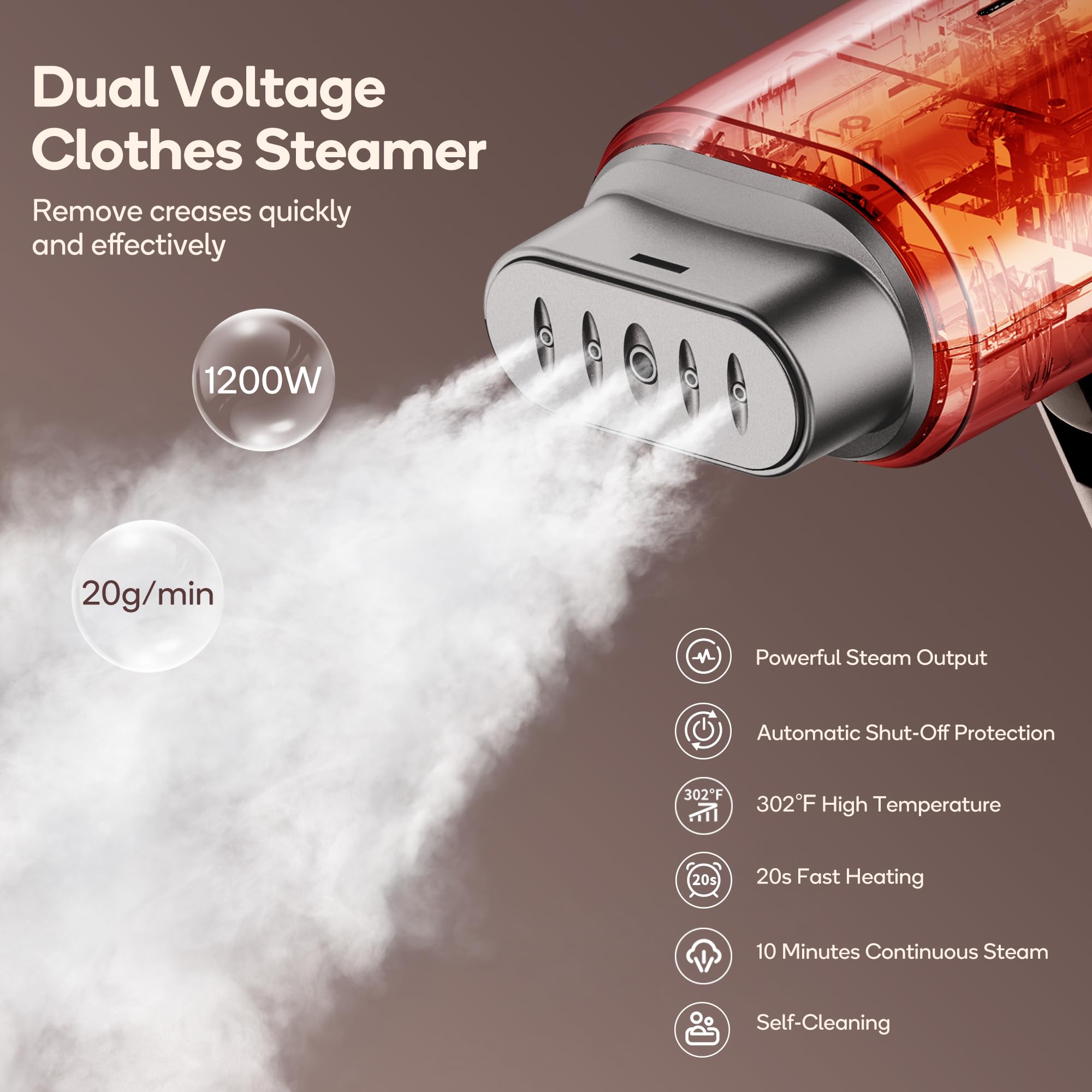 Newbealer travel steamer water-tank close-up shows 180ml capacity for longer sessions