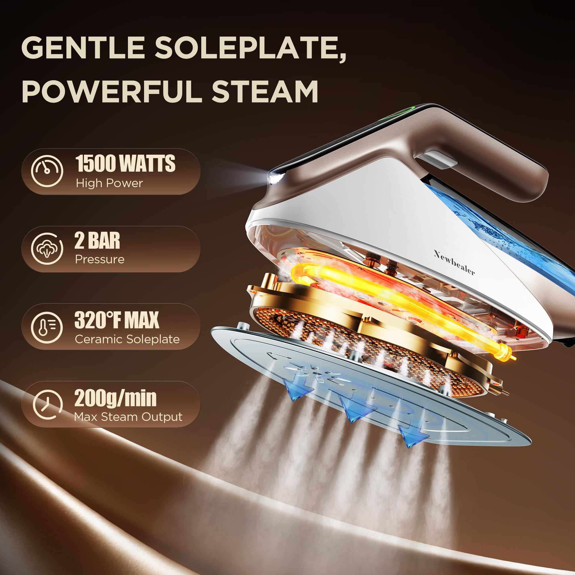 Newbealer steam generator iron side handle shows comfortable grip for vertical steaming