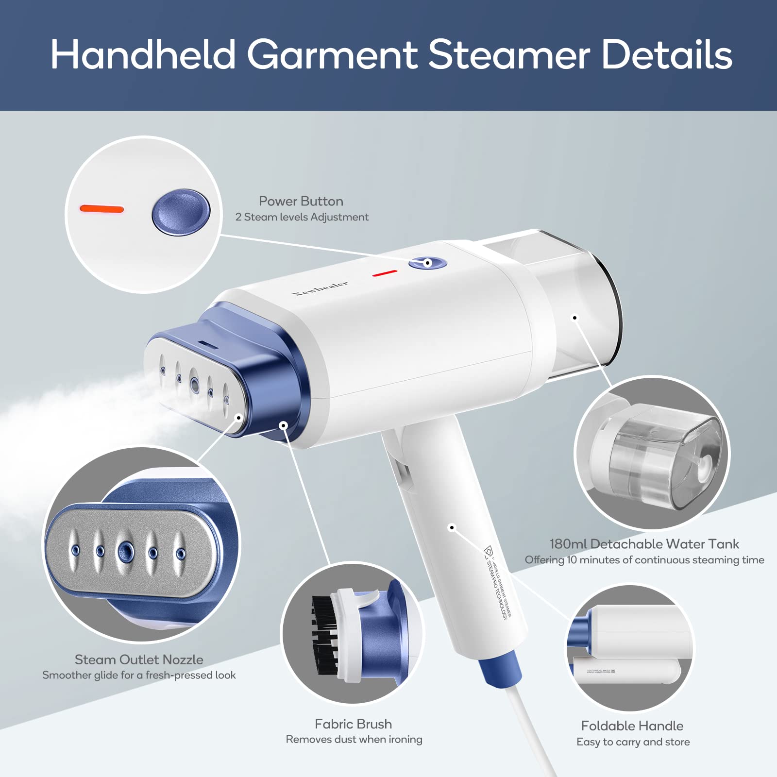 Newbealer steamer with 1200W heater for fast wrinkle relief.