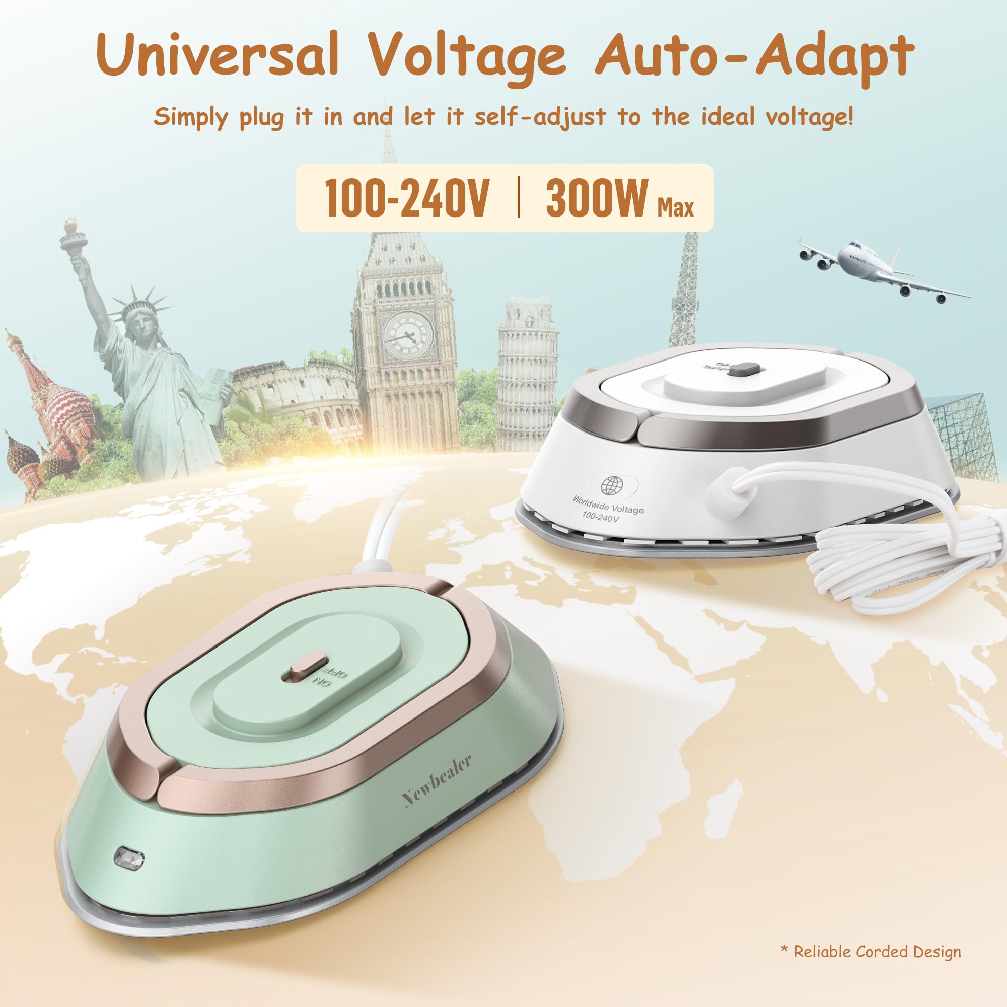 Newbealer travel iron 302F diamond ceramic soleplate gliding over fabric