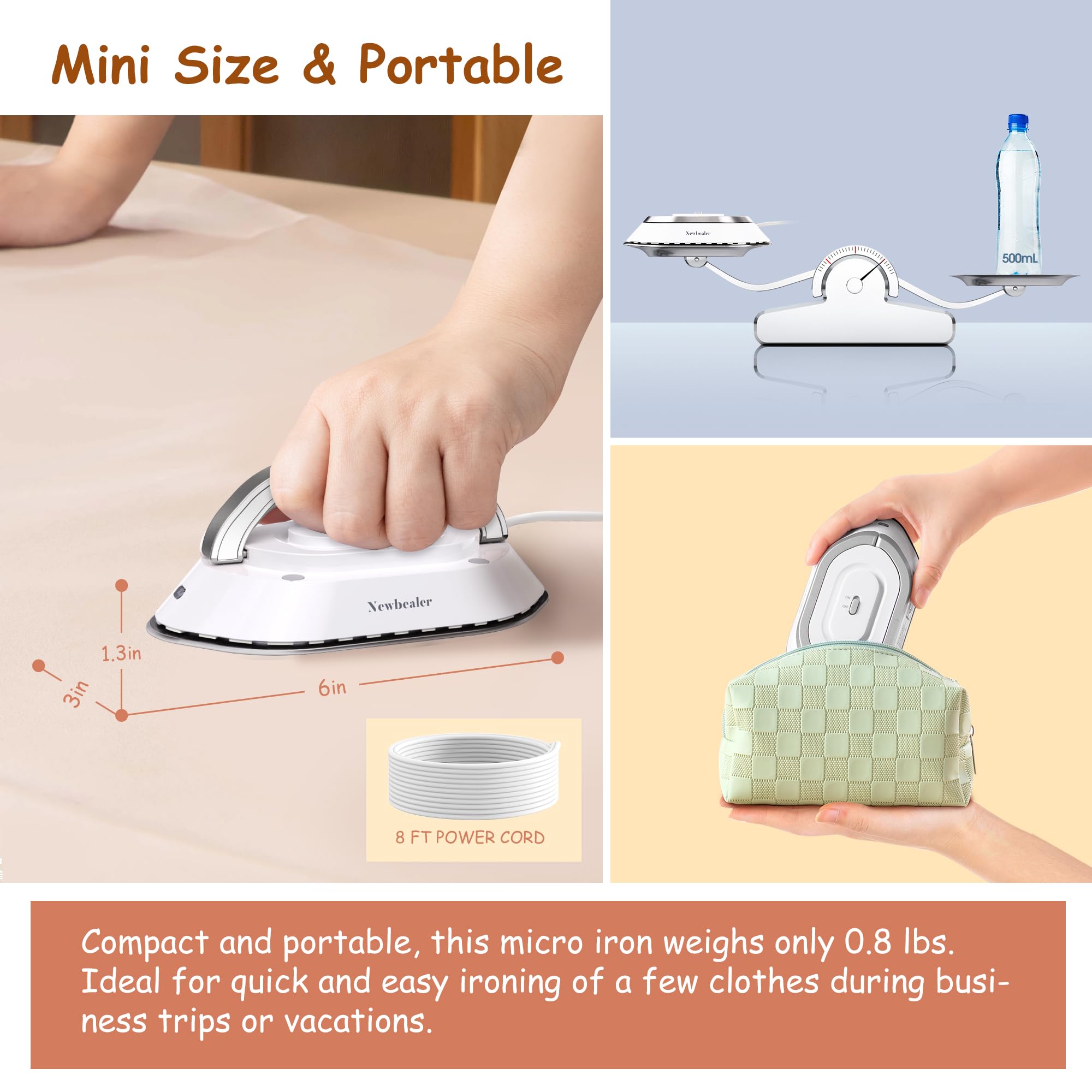 Newbealer Travel Iron with diamond ceramic soleplate for delicate fabrics and smooth glide.