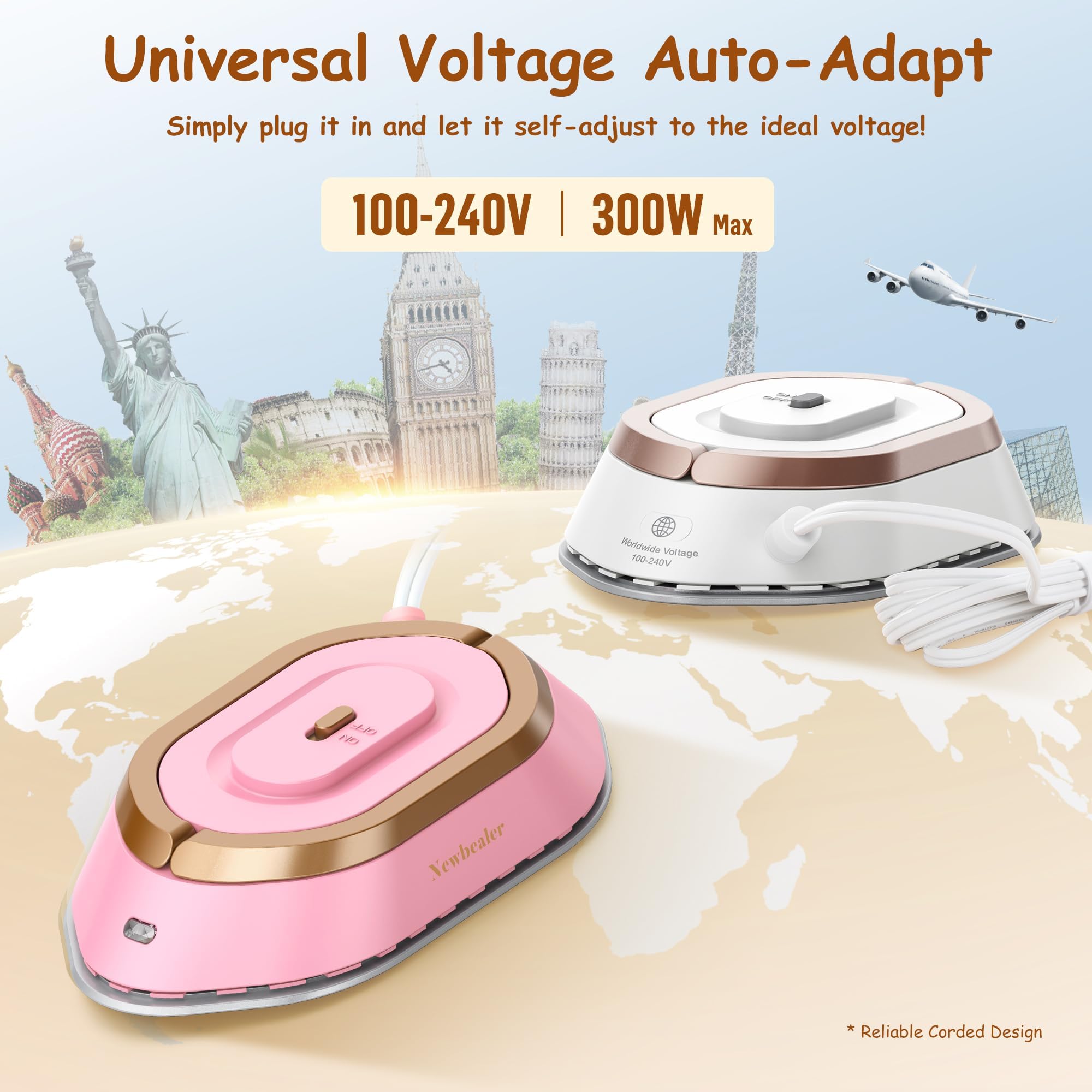 Newbealer travel iron with auto voltage for global outlets.