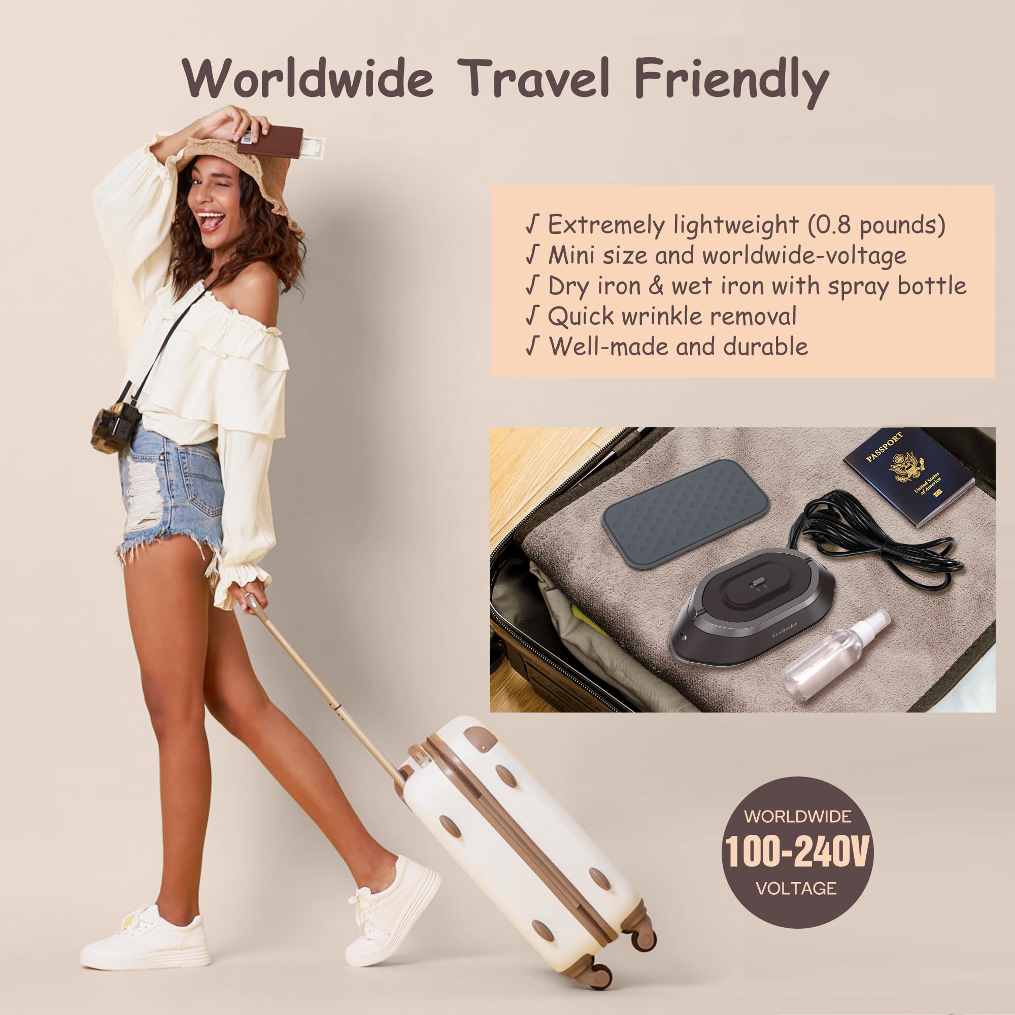Newbealer travel iron with 302°F ceramic soleplate for smooth fabrics