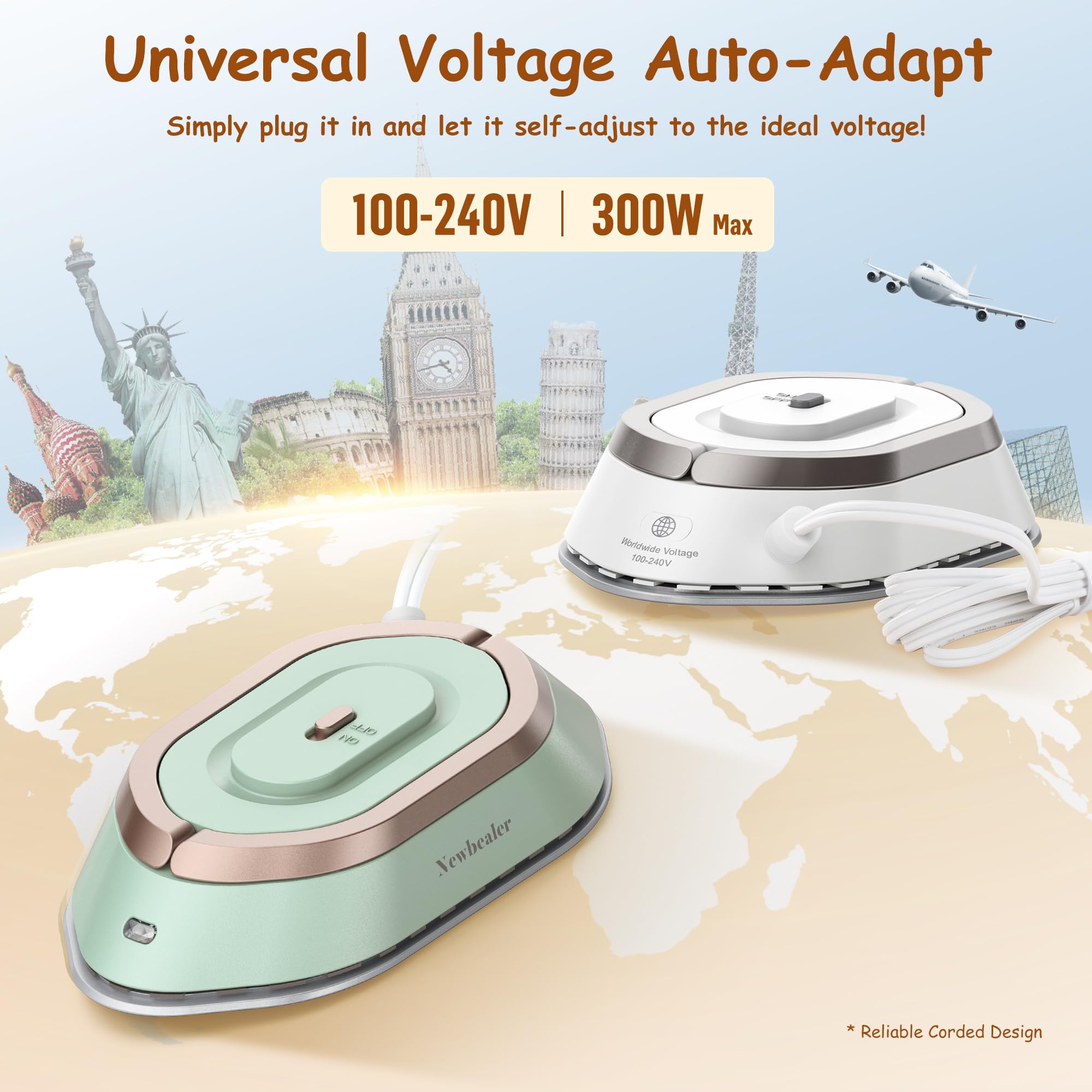 Newbealer Travel Iron 300W PTC heat for fast straightening on fabrics.
