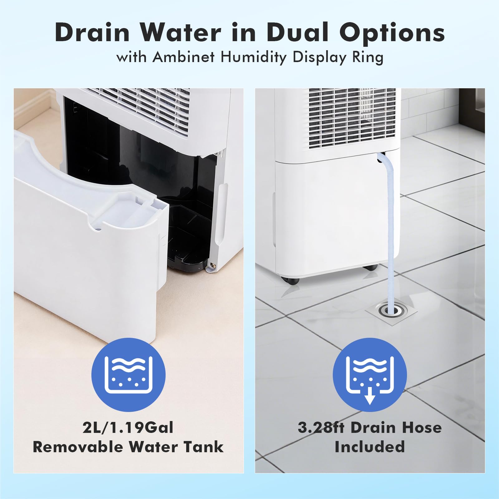 NEWBULIG 30-pint dehumidifier smart ring display indicates humidity levels