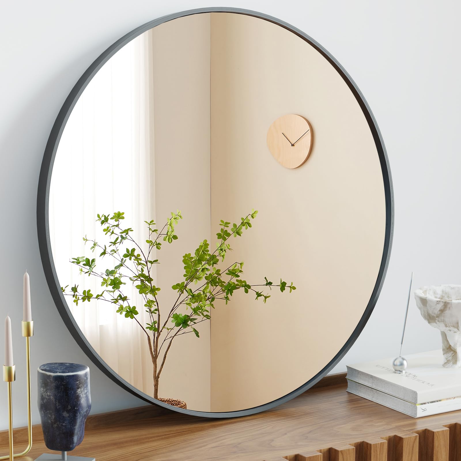 NEWBULIG 30-inch black round wall mirror front view for accurate vanity reflection