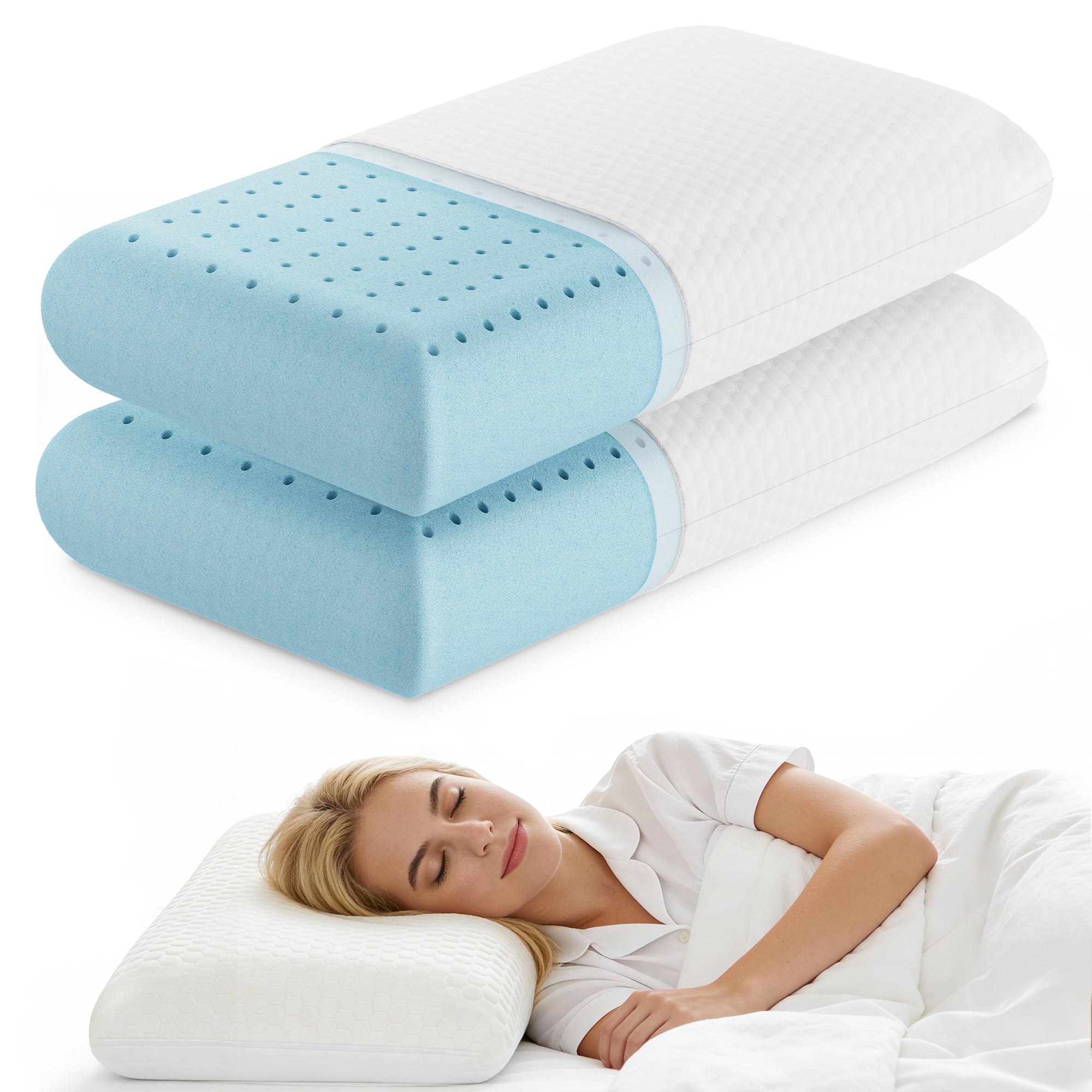 Newbulig cooling gel memory foam pillow front view for all-night cooling and support.