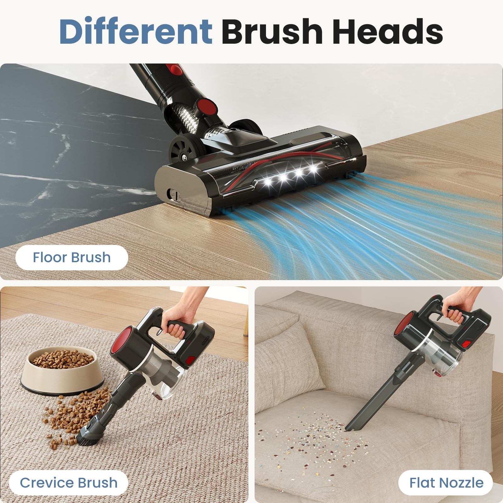NEWBULIG vacuum with 3 brushes demonstrates versatile surface care options.