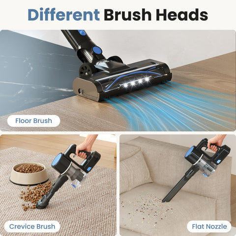 Three brushes tackle floors, stairs, and upholstery with ease.