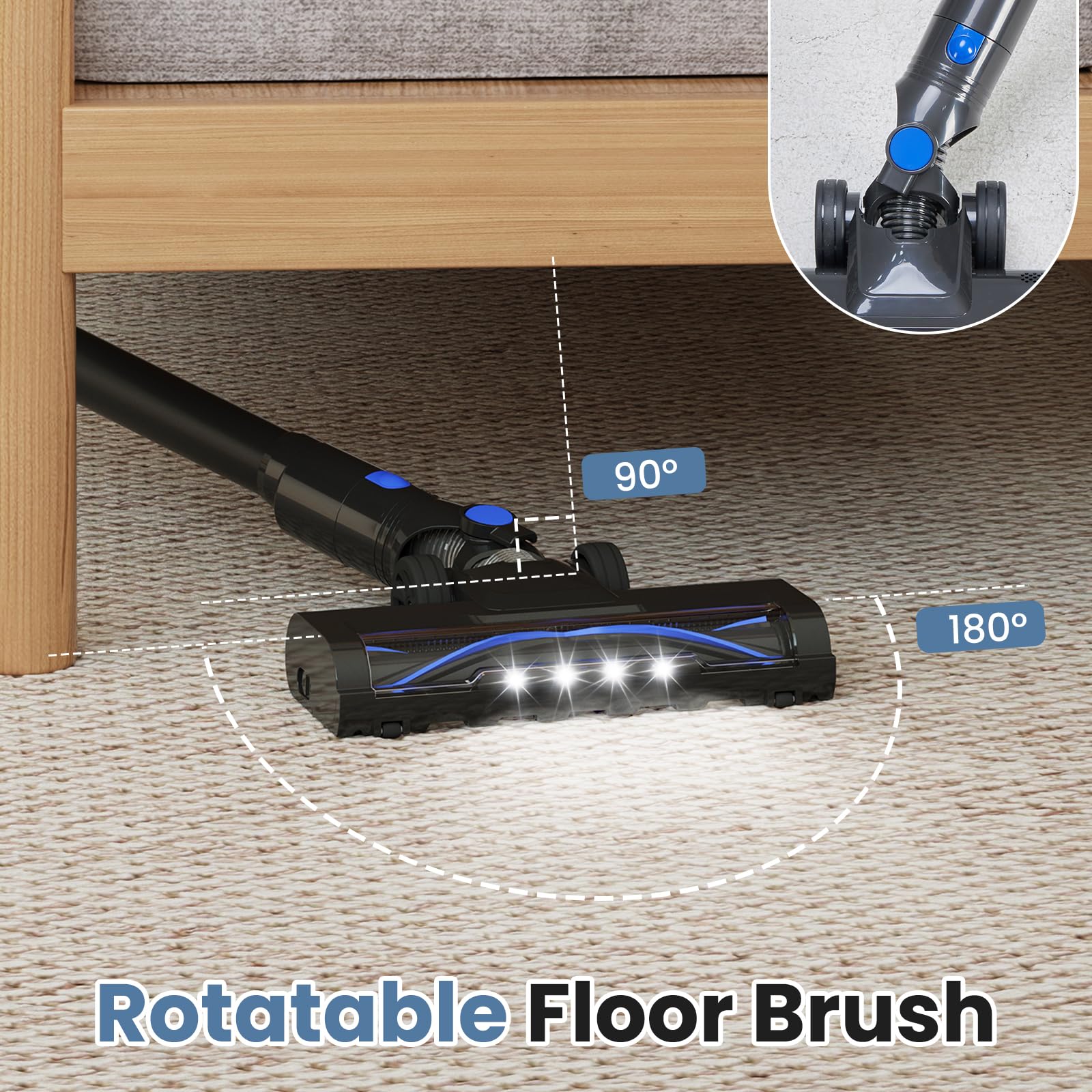 Newbulig flexible LED floor brush reaches under furniture with wide reach.