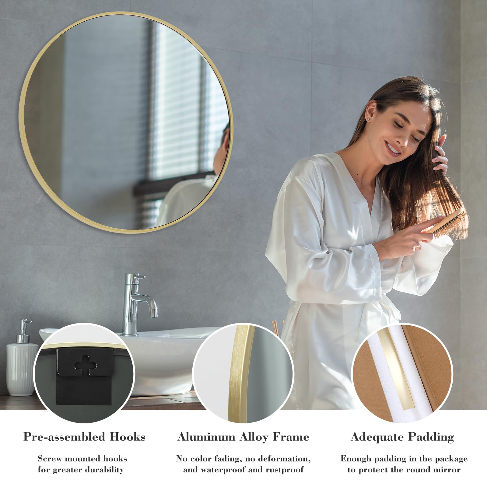 NEWBULIG gold round wall mirror 30-inch bedroom vanity focal point.