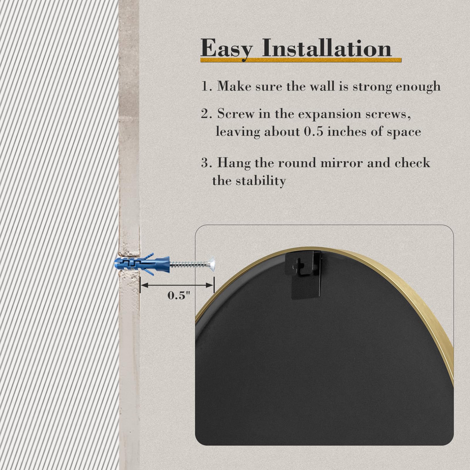 NEWBULIG gold round wall mirror 30-inch brushed-frame closeup shows premium finish.
