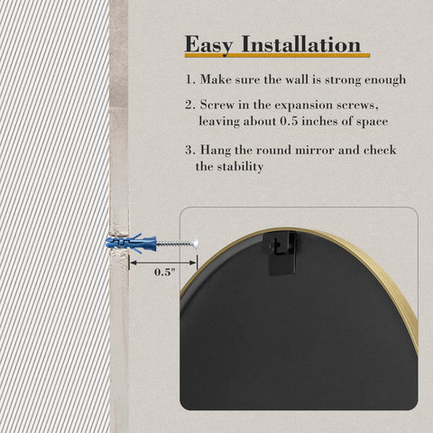 NEWBULIG gold round wall mirror 30-inch brushed-frame closeup shows premium finish.