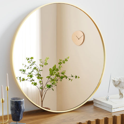 NEWBULIG gold round wall mirror 30-inch front view for clear vanity reflections.
