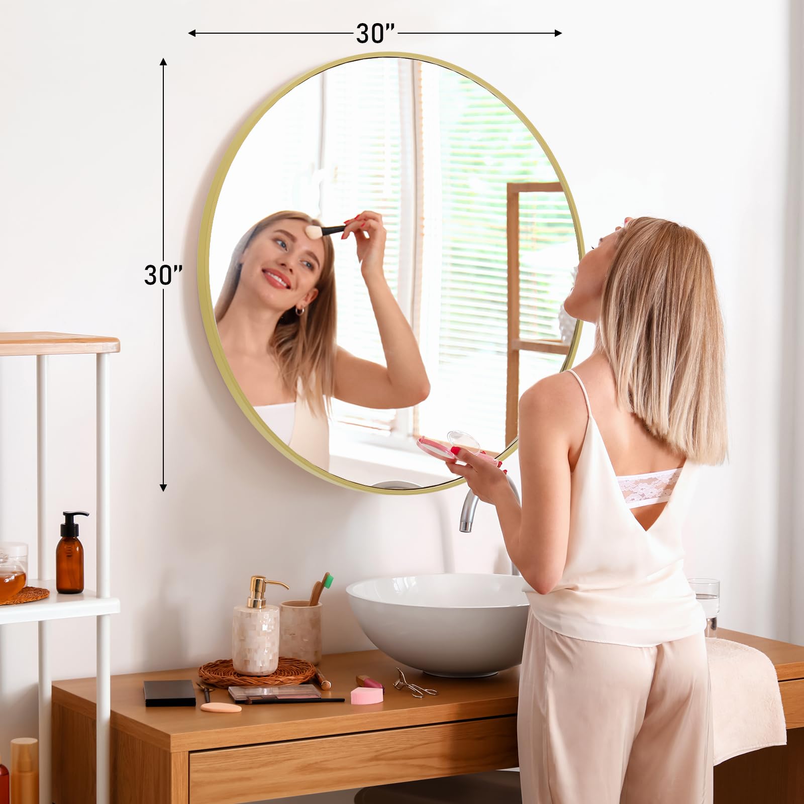 NEWBULIG gold round wall mirror 30-inch over-sink view highlights bathroom lighting.